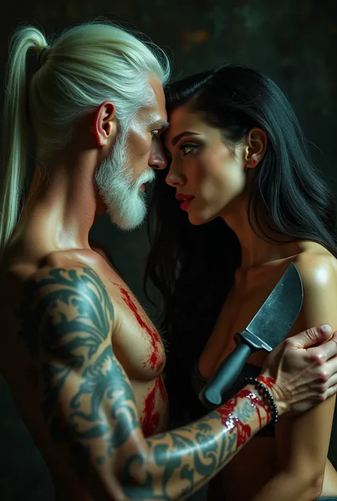 Cinematic photo of a naked, bloody couple kissing (handsome young man of 2, albino ,Michel Morone&#39;s face**, shaved white hair with short ponytail, well-groomed white beard, natural green eyes, muscular, tattooed) and a very beautiful woman face Valenti...