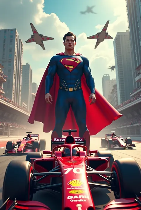 Image of F1 with red cars and Colombian Air Force planes and superman with the name of Garnika 