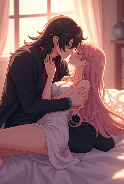 Gojo kissing a girl on bed laying on her  (anime)