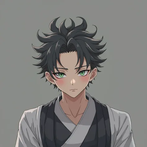 a handsome Japanese anime man with green eyes, slightly furrowed brows, short messy black curly hair, a slim but muscular build with beautiful muscle lines, dark circles under his eyes, 178cm tall, wearing a black japanese-style coat with a black inner lay...