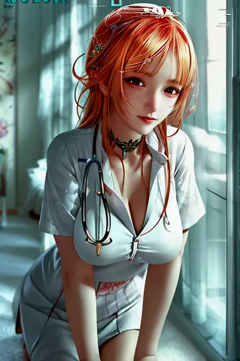 ((Best quality)), ((Masterpiece)), ((Ultra-detailed)), (illustration), (Detailed light), (An extremely delicate and beautiful),(((MagazineCover))) an beautiful anime 18 year lod nurse wearing an really skinny white shirt and an really short skirt only till...