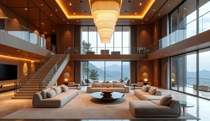 Ultra-realistic photograph of the interior of an $80 million luxury mansion. The grand living spaces are designed with a perfect blend of modern architecture and timeless elegance. The interiors feature double-height ceilings with floor-to-ceiling windows ...