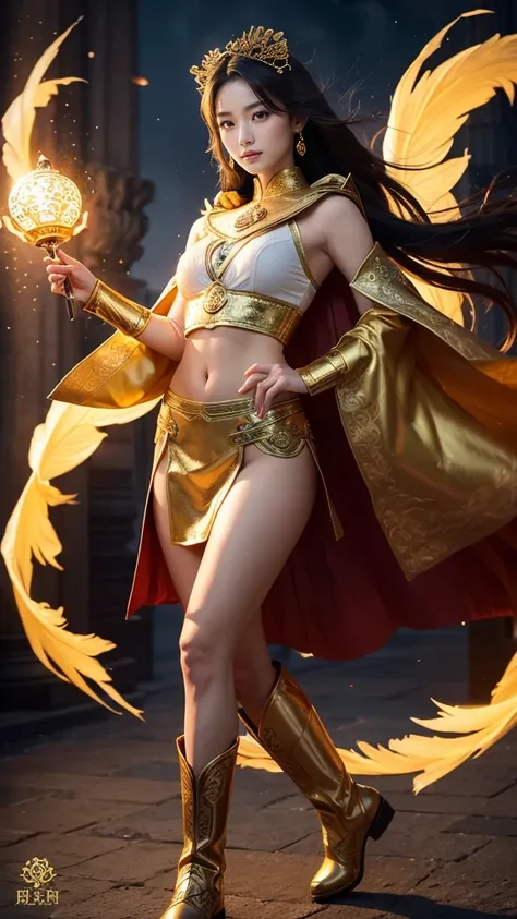 想）Create an ultra-realistic 8K resolution image of a stunning hero inspired by Benzaiten, seamlessly blending divine elegance with modern heroism. Her hair cascades in soft, flowing waves, laced with delicate golden strands and subtle lotus flower accents ...