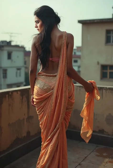 Tall hot  indian brown milf Kajol , with long tied hair, big breast , big ass, woman wearing Georgette saree, in apartment rooftop washing clothes, ultra hd photo,