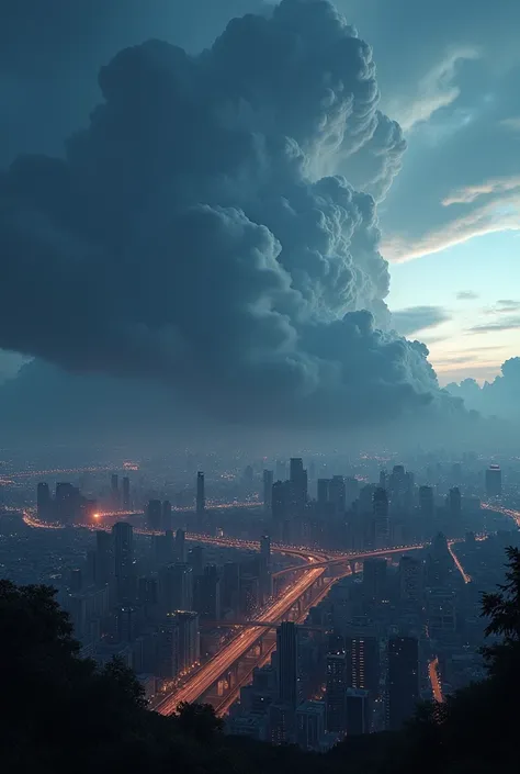 Cityscape and cumulonimbus clouds、8k realistic、Showing the whole city、night、Ultra high definition, Overlooking, 