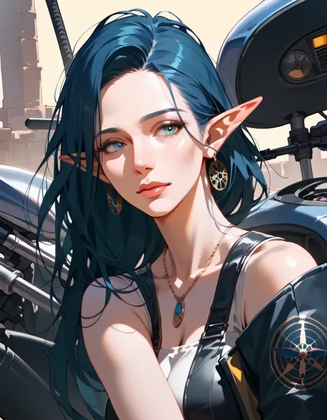 score_9, score_8_up, score_7_up, score_6_up, score_5_up, score_4_up, (masterpiece, best quality:1.2), highly detailed, illustration, mature woman, elf ears, bright blue hair, skinny body, motorcycle pilot