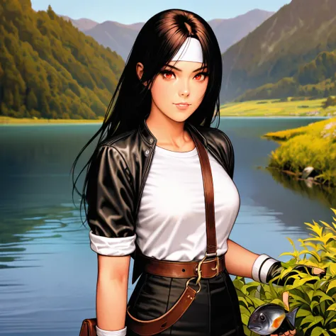 Maintain this image: masterpiece, top quality, elegant, one girl, cute, blushing, looking at talking fish, black short wavy hair, girl wearing ((black jacket with rolled up sleeves)), fingerless gloves, white T-shirt, ((white headband)), black pants, white...