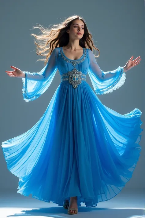 Christian dance dress in blue with light blue sleeves and a lion of Judah on the chest, with a blue and light blue layered skirt 