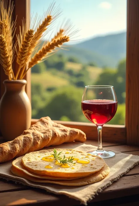 Bread tortilla ,ears of wheat ,Olive oil and wine in realistic glass on a table with a countryside background
