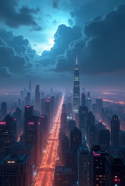 Cityscape and cumulonimbus clouds、8K Realistic、Showing the whole city、neon、Gorgeous、night、Ultra high definition, Overlooking, 