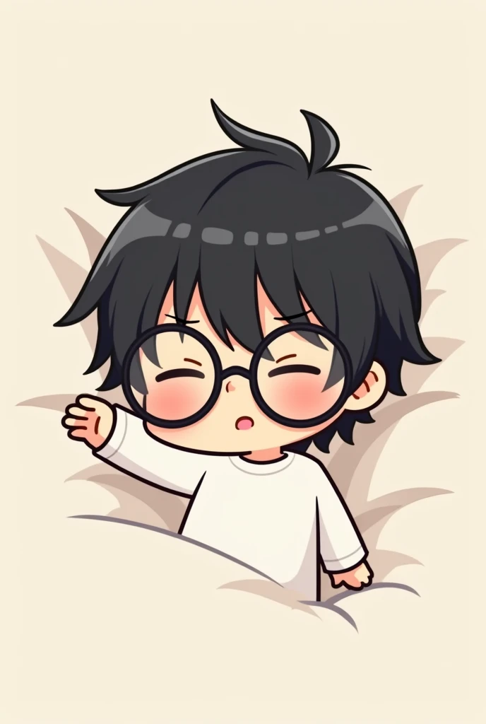 closed eyes, chibi, round glasses, black hair, white shirt, simple background, brown skin, sleepy, dynamic angle, simple artstyle