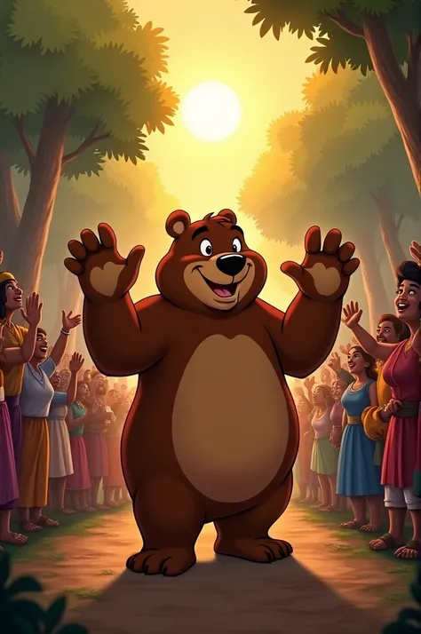 As the day ends, Baloo waves goodbye to the villagers, promising to return for the next fair. The villagers wave back happily, and Baloo walks back into the forest, feeling content. The scene ends with the peaceful forest in the background and Baloo lookin...