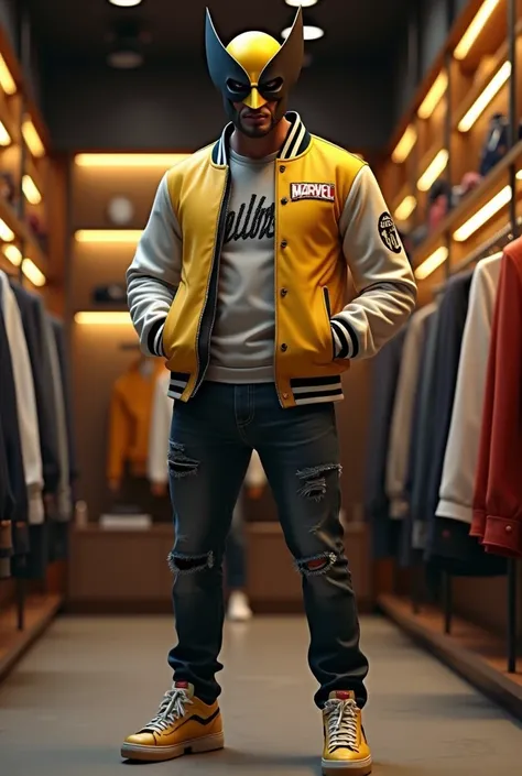 Detailed 3D scene in a trendy modern clothing store. Wolverine wears a yellow mask and is seen wearing a stylish varsity jacket with the words wolverine written across the chest., standing confidently with both hands in pockets. The menacing expression of ...