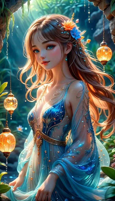 Anime Girl Beauty, ideal anatomy, Bright,  She is wearing a flowing, transparent light orange and blue embroidery gown that looks like its made of delicate glass or crystal, adorned with intricate floral patterns and luminous beads and flying lantern that ...