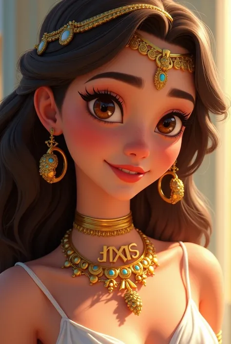 Create an image of the Greek Goddess Hera with brown eye in Disney pixar cartoon focusing on the face with the name EXBE large on the neck 