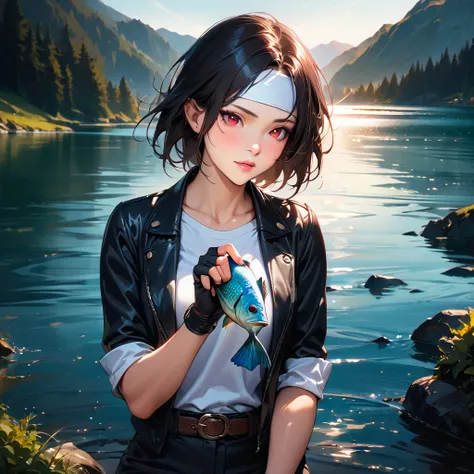 Maintain this image: masterpiece, top quality, elegant, one girl, cute, blushing, looking at talking fish, black short wavy hair, girl wearing ((black jacket with rolled up sleeves)), fingerless gloves, white T-shirt, ((white headband)), black pants, white...