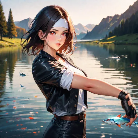 Maintain this image: masterpiece, top quality, elegant, one girl, cute, blushing, looking at talking fish, black short wavy hair, girl wearing ((black jacket with rolled up sleeves)), fingerless gloves, white T-shirt, ((white headband)), black pants, white...