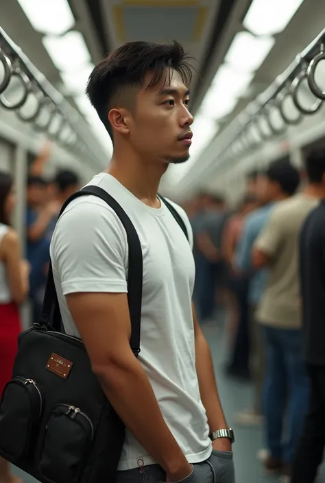 Realistic photos, HD quality images, handsome Asian men, slim body, electric train, men&#39;s shoulder bags, branded clothing, T-shirts, handrail handles 

