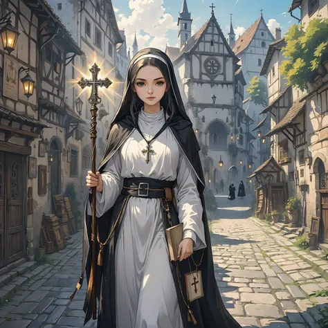 A young woman（nun），Wearing black and white monastic robes，A cross pendant hangs on the chest，Holding a staff in hand，A book hanging on the waist，Strolling the streets。Magical World，Medieval Europe，Mid-ground composition，Half-body image，Anime illustration s...