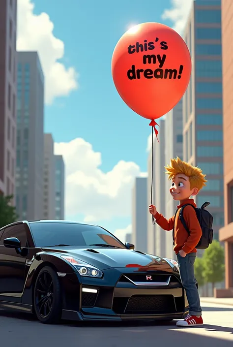 happy blonde teenager boy looking at a black nissan GTR with a ballon saying "this is my dream!"
