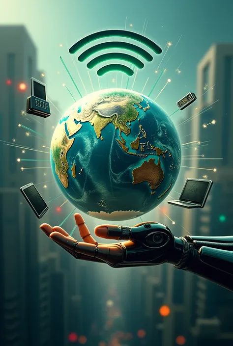 Large centered globe with telecommunication flares, connected with old phone, cell phone, lapto,  robotic hand holding the world, great wifi signal over the world, COTAP green title letters, background city of potosi cerro rico blurred background