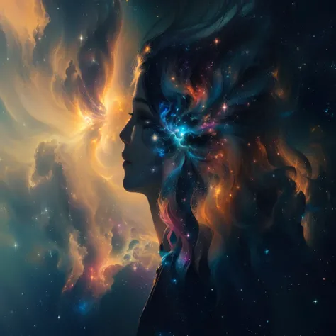 a woman with her hair blowing in the wind in front of a nebula, face melting into the universe, in the astral plane ) ) ), astral appearance, beautiful image, imagination cosmic dream, astral travel, cosmic goddess, portrait of a cosmic entity, in the univ...