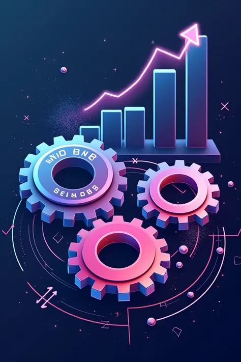 Create a digital illustration showing the evolution of BNB staking. Display three interconnected gears, labeled BNB, slisBNB, and ynBNB, with arrows indicating the flow. Above the gears, show a graph with rising bars to represent increasing efficiency. Use...