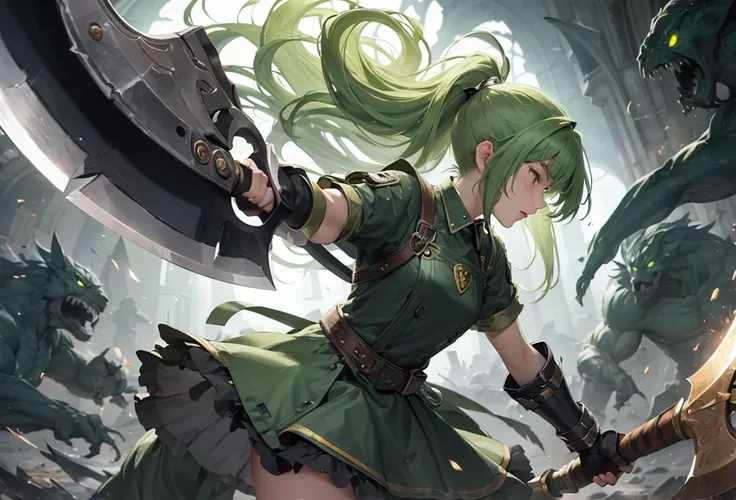 (delicate and battle style), (profile:1.5), (detailed ponytail) (beautiful green hair long hair) (immensely beautiful axe fighter girl is 15 yo), (cute yellow eyes), (glossy lip, serious face), in a battle uniform, break, ((hand holding a biggest divine de...