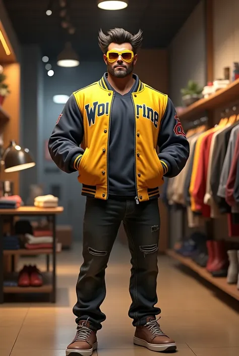 Detailed 3D scene in a trendy modern clothing store. A muscular Wolverine wearing a yellow mask is seen wearing a stylish varsity jacket with the words wolverine written across the chest., standing confidently with both hands in pockets. The menacing expre...