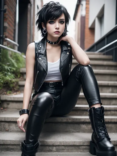 Single，Black short hair，Messy hair，Bangs on the left，Punk Makeup，cool，Photorealism，Detailed，masterpiece，Young Girl，Leather pants、Leather vest，boots，aldult，（Punk Girl），earrings、Lip Studs，Eyeshadow，high quality，Street steps，Sitting with legs spread，High reso...