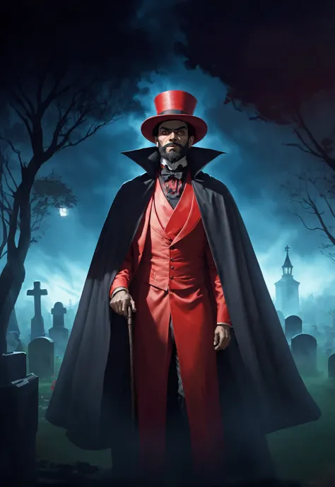 Digital illustration style 2.5D de um homem Latino de pele escura (Latino), use beard, he is wearing a red top hat, red clothes and a long black cape, a graveyard wizard, Elegant man, a shadow wizard, PENETRATING LOOK e sombrio, PENETRATING LOOK, he holds ...