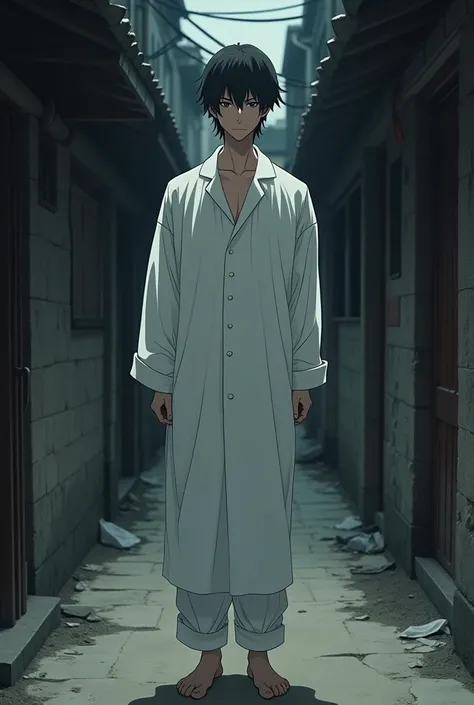 black haired man, oversized white sleep shirt, long white pants folded at the bottom, barefoot being photographed in an alley using a 2d anime curved camera 