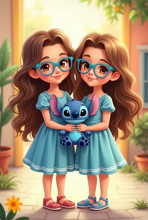 raise two  Brazilian twins, light skin, wavy hair , long and light brown, wear glasses with light blue frames and have brown eyes, delicate nose and very delicate face wearing blue dresses and holding a plush stitch, cute drawing style