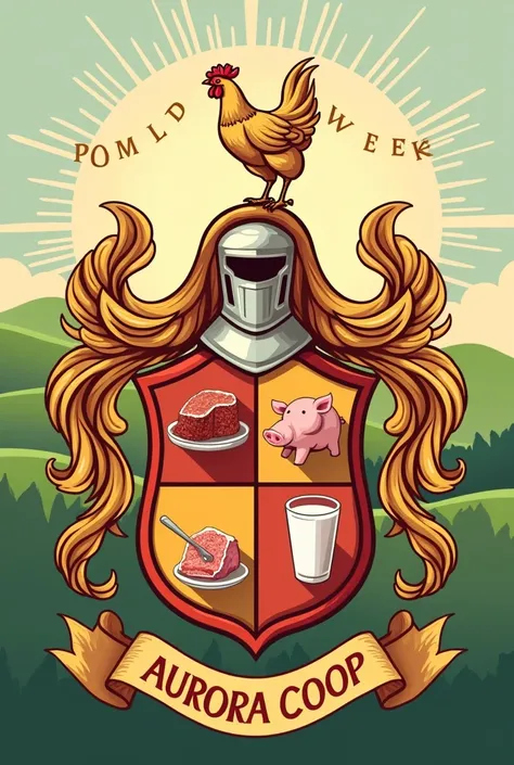 A coat of arms demonstrating the production of chicken meat, pork and milk, but with quality as the main highlight, written quality week. The colors should be, Yellow, LARANJA E VERMELHO. Also write Aurora Coop 