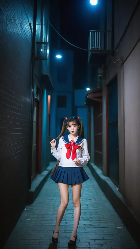 sailor moon in the middle of a dark alley, schoolgirl clothes, sexy body, sucking