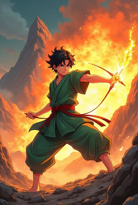 Anime picture of Yami, a young man, 190 cm tall, with black hair tied back with some strands in the front, red eyes, a slightly lazy personality, wearing green karate clothes, throwing a flame arrow and blowing up the mountain