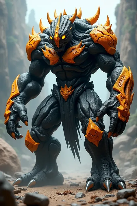 Rock monster inspired character with orange is. Black rock arms orange mixed with black a black rock body mixed with orange is decorated with yellow stripe black rock legs decorated with orange is of. Yellow eyes glowing yellow a black rock head decorated ...