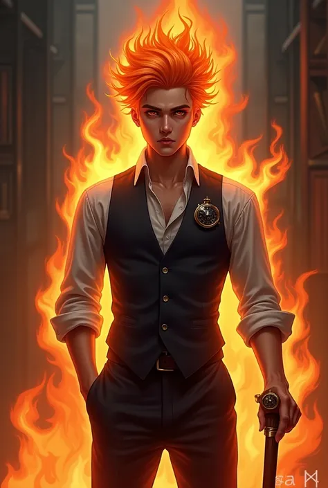 Young man wearing social vest, pocket watch, fire hair, with flames around, security a cane, aura of fire, smiling, evil look