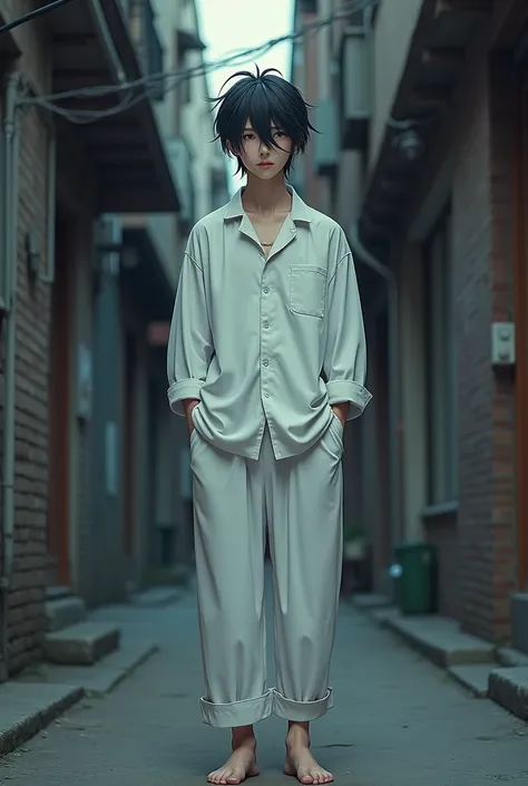 black haired man with messy bangs falling forward covering his forehead, oversized white long sleeve sleep shirt, long white pants folded at the bottom, barefoot being photographed in an alley using a 2d anime curved camera