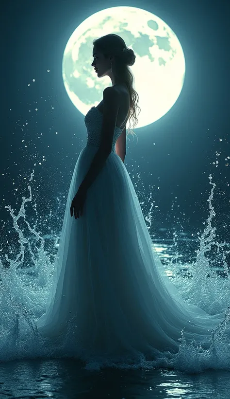 Close up​ Create an image of a beautiful woman
In a flowing evening gown, she stood next to a large moon. 
with water splashing around high
 In the form of art and drama Create a reflection effect on the water surface. The beautiful colors are very stunnin...