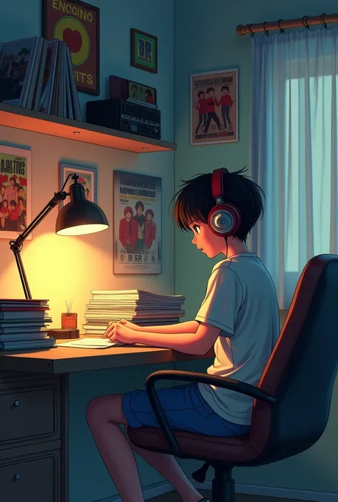 Scene of a young student, with a typical 80&#39;s anime look, sitting in a chair in his room. He wears a retro headset while studying with concentration, with the soft light of a lamp creating a calm lofi atmosphere. No fundo, a shelf with vinyl records an...