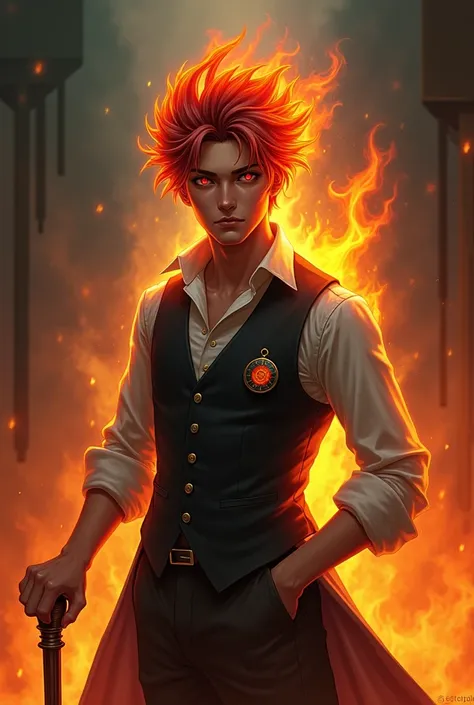 Young man wearing social vest, pocket watch, fire hair, with flames around, security a cane, aura of fire, smiling, evil look