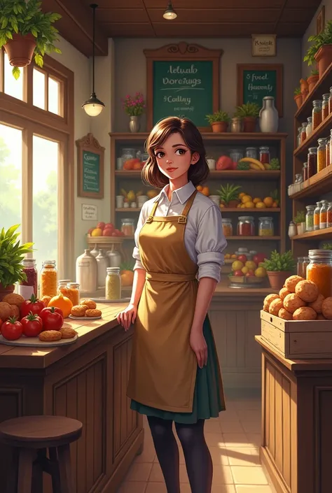 Create a homemade grocery store, with a brunette lady in an apron serving customers