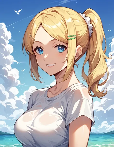 emma brightness, blonde_hair, 1girl, hair_ornament, blue_eyes, hairclip, solo, side_ponytail, large_breasts,    ,  looking at viewer, upper body, smile, score_9, score_8_up, score_7_up, , anime coloring ,BREAK source_anime, anime