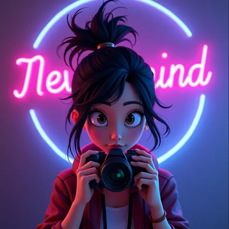 Black hair in a messy bun woman (animated) , holding a camera in front of a neon light sign (purple and blue) with a word that says "nevermind"