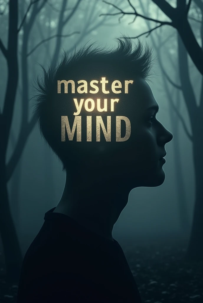 A silhouette of a human head with a soft light coming from inside, as if the mind were being illuminated from within. bottom: A dark forest with fog, representing the hidden and mysterious part of dark psychology. Text on screen: “Master Your Mind” in Span...