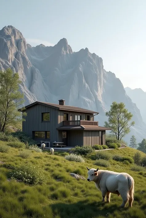 Hillside scandinavian house with 2 level, naked mountains, no other people, beautiful garden, chicken house, mesh fence, mongolian cow and sheeps.