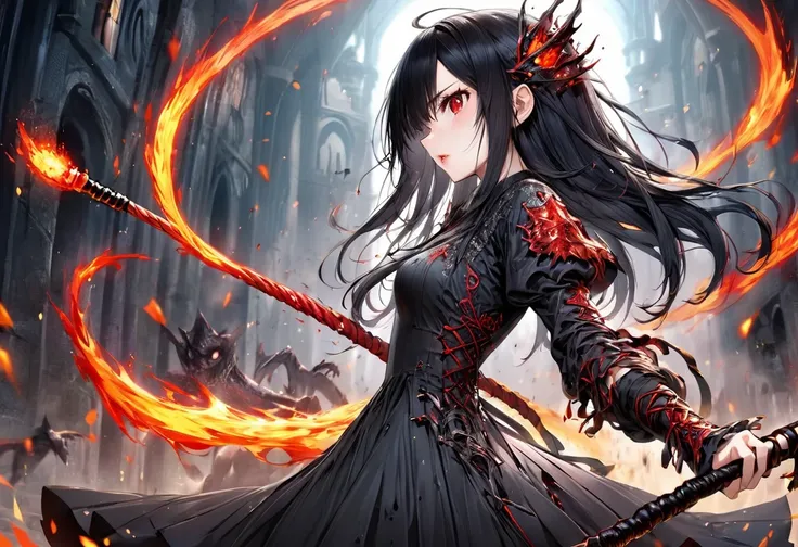 (delicate and battle style), (profile:1.5), (detailed princess cut) (beautiful black hair long hair) (immensely cool girl is 18 yo), (cool red eyes), (glossy lip, serious face), in a battle magical dress, break, ((hand holding a black whip with black flame...