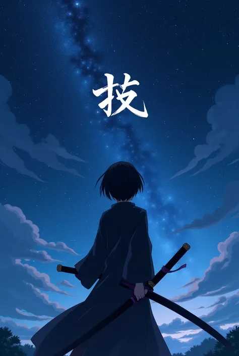 Please create a cool picture of an anime character for me. He has black hair, not that long, and has a sword or katana with him. You only see his back in the foreground and in the back is the name: 锴 in Chinese. As a background you can see the stars so bea...