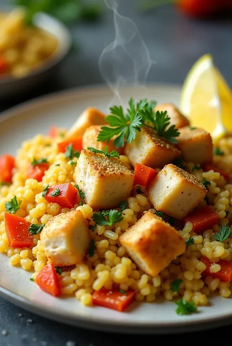 Create a hyper-realistic image of a freshly prepared dish called "Arroz Falso de Coliflor con Pollo" (Cauliflower Rice with Chicken). The main feature of the dish is the texture of the cauliflower, which resembles rice but is more delicate and slightly gra...